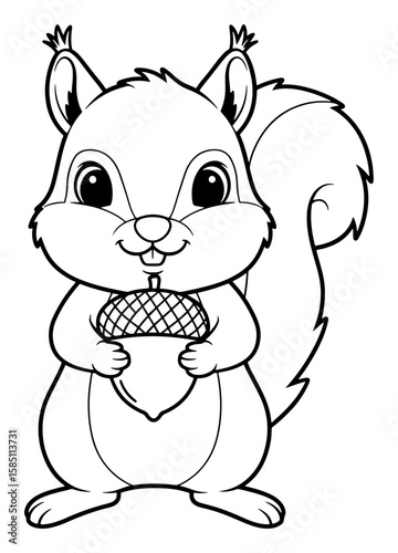 Black and White Cartoon Squirrel Holding an Acorn