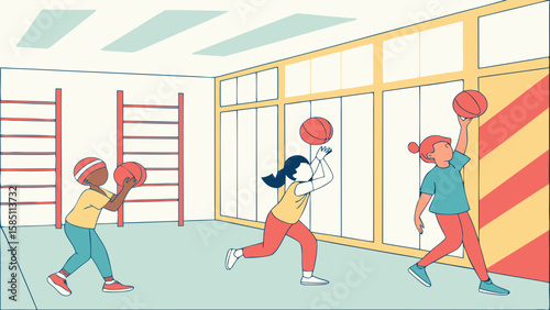 Three diverse children in sportswear playing and practicing with basketballs inside a school gymnasium.