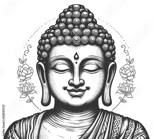 Smiling Buddha peaceful face with closed eyes and gentle smile sketch engraving generative ai fictional character vector illustration. Scratch board. Black and white image.