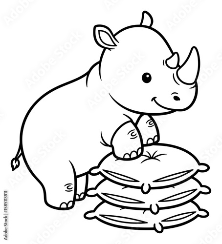 Cute Cartoon Rhinoceros Standing on Pillows in Black and White Outline