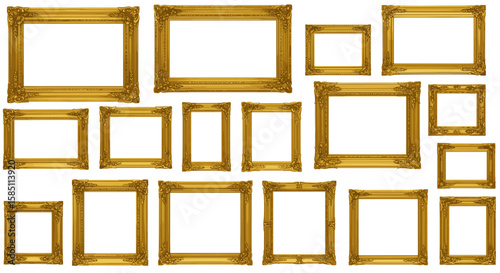 Elegant collection of ornate empty gold frames on white background
