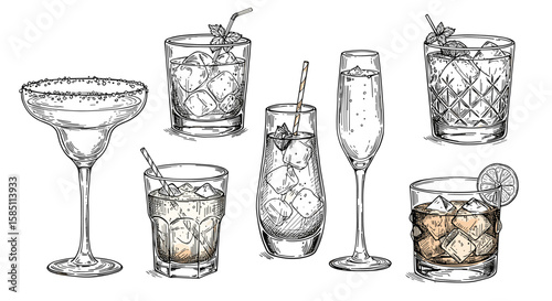 Hand drawn cocktail glasses collection with ice cubes and garnishes