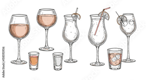 Various glassware for cocktails and wine with delicate line art on white