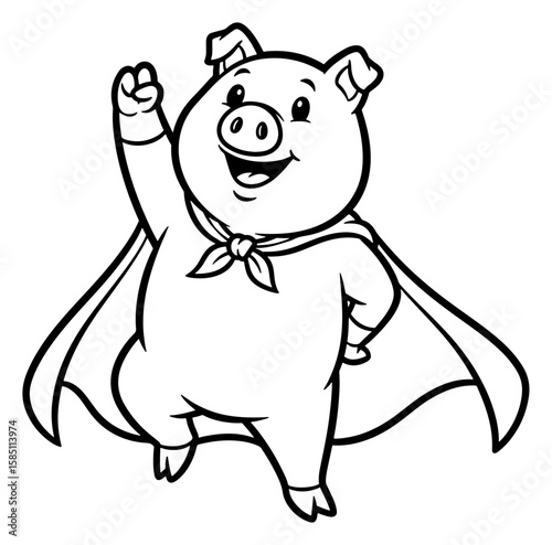 Cartoon Outline Illustration of a Smiling Superhero Pig with Cape