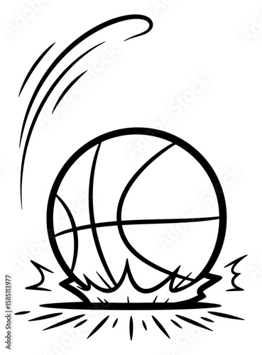 Black and White Line Art Illustration of a Bouncing Basketball