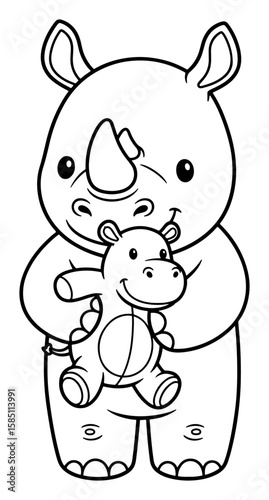Cartoon Outline of a Rhinoceros Holding a Hippopotamus Stuffed Animal