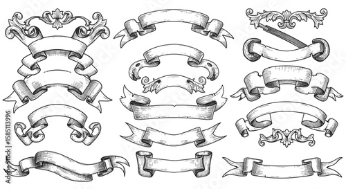 Vintage ribbon banners with ornamental design elements in hand-drawn style