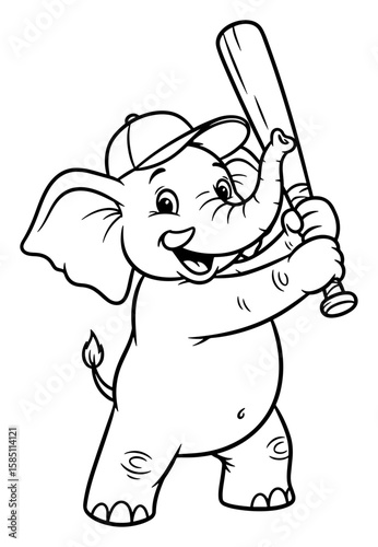 Cartoon Elephant Playing Baseball, Black and White Illustration
