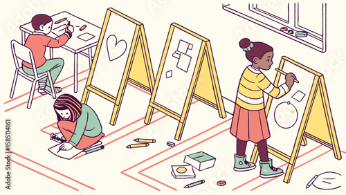 Illustration of young students in an art class, drawing on paper and easels.
