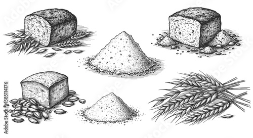 Hand-drawn bread and wheat with flour piles and grains