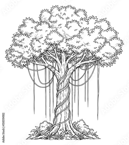 Detailed Black and White Illustration of a Banyan Tree with Hanging Roots and Lush Foliage