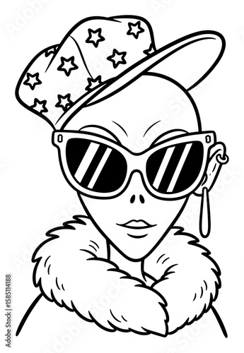 Cartoon Alien Diva with Star Hat, Sunglasses, and Fur Collar in Black and White Line Art
