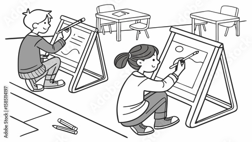 Two young children are happily engaged in drawing and painting activities at easels in a classroom setting.