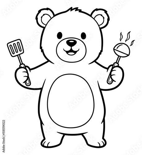 Cartoon Bear Chef Outline Holding Spatula and Ladle