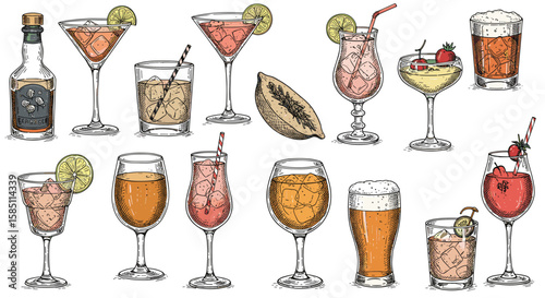 Unique hand-drawn cocktail selection with detailed drink illustrations