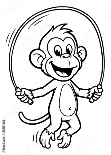 Cartoon Monkey Skipping Rope in Black and White Outline