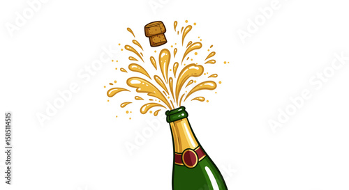 Celebratory champagne bottle pops with splashing bubbles and cork