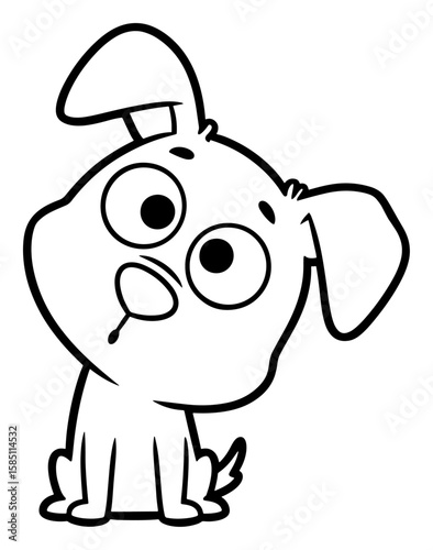 Cartoon Line Drawing of a Wide-Eyed Puppy Sitting and Looking to the Side