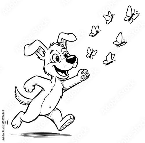 Cartoon Drawing of a Joyful Dog Running After Butterflies, Black and White Outline