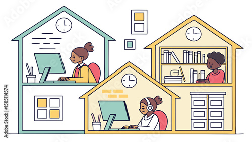 Three people working from home or in a shared office space, depicted in a simple, colorful illustration style.
