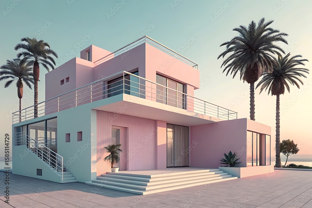 Fototapeta premium Modern pink villa with palm trees and ocean view modern villa pink architecture
