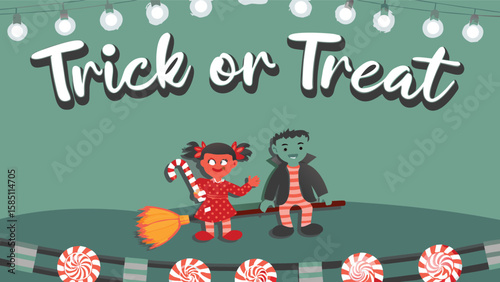 Illustration of a girl with a candy cane and a boy in a vampire costume for trick or treat event