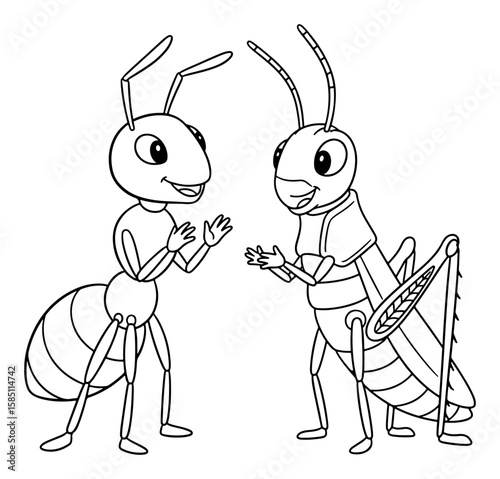 Cartoon Line Art of a Friendly Ant and Grasshopper Having a Conversation