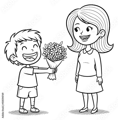 Black and White Illustration of a Young Boy Presenting a Bouquet of Flowers to His Smiling Mother
