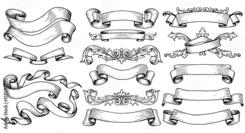 Ornate decorative banners: vintage scrolls and ribbons in hand-drawn style