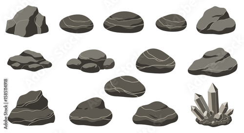 Collection of various stone and crystal designs in flat style for geology projects