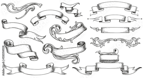 Vintage scroll banners collection in ornate linear style for elegant designs