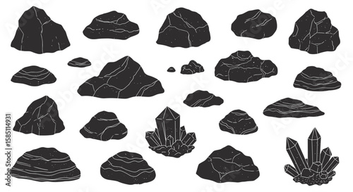 Collection of black silhouette rocks and crystals