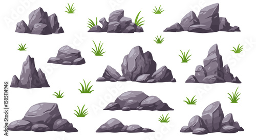 Rock and grass collection: flat cartoon style for natural landscapes and designs
