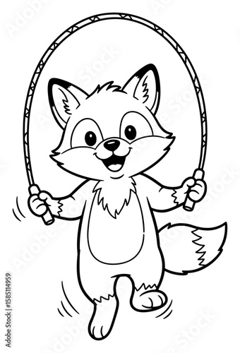 Cute Cartoon Fox Skipping Rope in Black and White Line Art