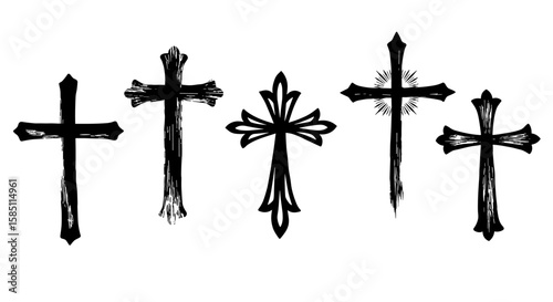 Grunge cross collection: hand drawn religious symbols in black and white