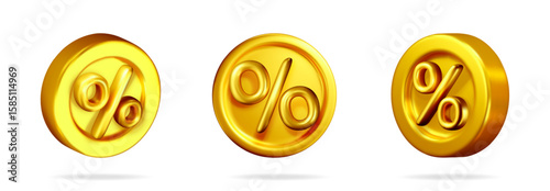 Three golden percentage icons for discount. Interest rate concept. Financial infographic element for bargain and sale advertising.