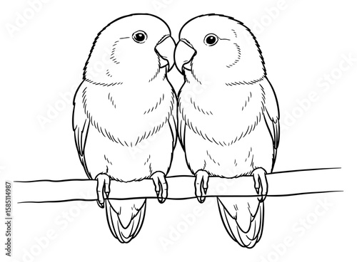 Two Lovebirds Perched on a Branch, Black and White Outline Illustration