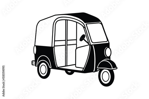 Silhouette of a three-wheeled auto rickshaw, featuring a rounded roof, enclosed driver area, and two distinct wheels at the back. The design is simplistic and bold, rendered entirely in black.