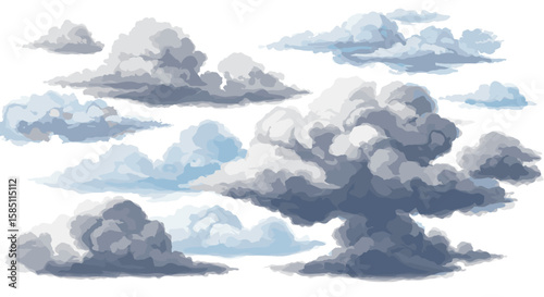 Realistic fluffy clouds collection on white background for weather and nature themes