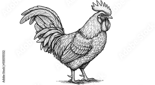 Detailed black and white rooster line art with intricate feather design