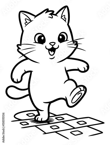Cute Cartoon Cat Playing Hopscotch, Black and White Line Art