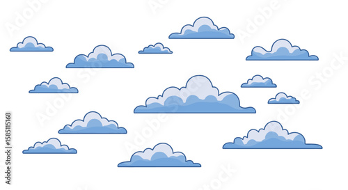 Puffy blue clouds on white background in cartoon style