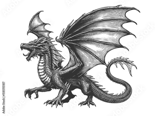 Dragon sketch engraving generative ai fictional character vector illustration. Scratch board imitation. Black and white image.