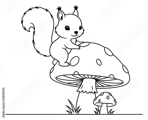 Cute Squirrel on a Mushroom, Cartoon Outline Style Illustration