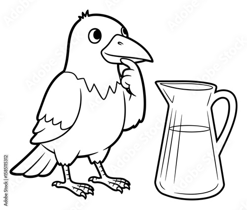 Cartoon Illustration of a Thinking Crow with a Pitcher of Water in Black and White