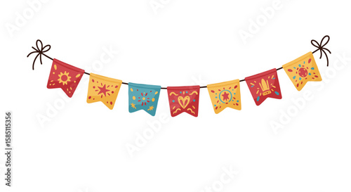 Colorful festive flags garland with mexican folk art design