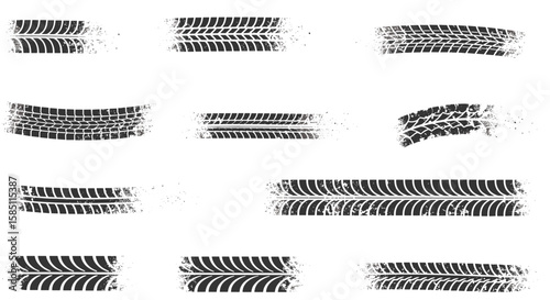 Set of grunge tire track patterns in black and white