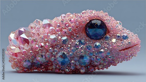 Strange floating entity made of crystal with bright pastel shimmer and countless eyeballs forming facial patterns