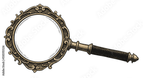 Vintage magnifying glass with ornate frame on white background
