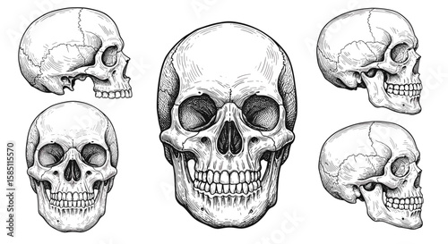Detailed anatomical human skulls in black and white ink style
